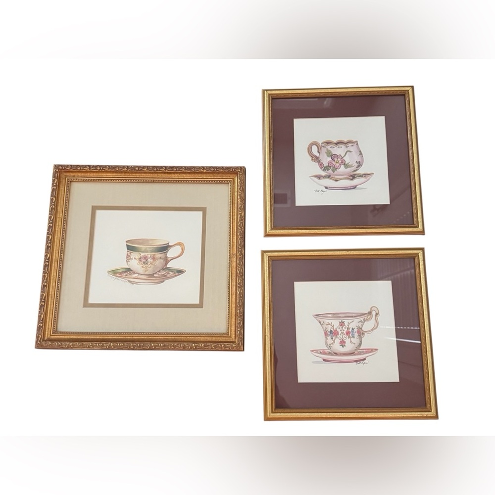 Teacup Elegant Gold Framed Wall Art Set of 3 EUC